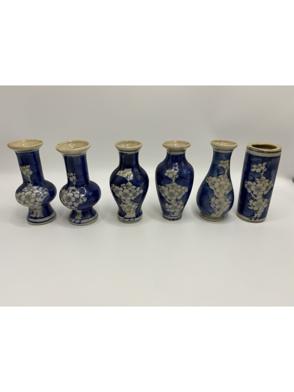 VTG Chinese Porcelain Vases Set of 6 Blue & White Blossom Vases 4"